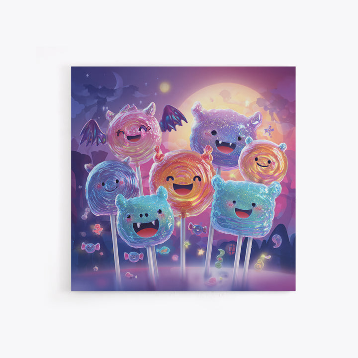 The Friendly Lollipop Monsters, Retro Neon Halloween Art, Square Wall Art, Framed Canvas Print, Retro Halloween Decor, Neon Wall Art