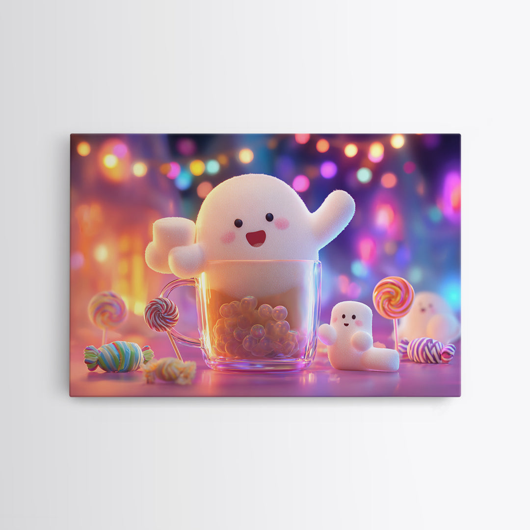 The Marshmallow Ghost Choir, Synthwave Halloween Art, Landscape Wall Art, Canvas Print, Retro Halloween Decor, Neon Wall Art