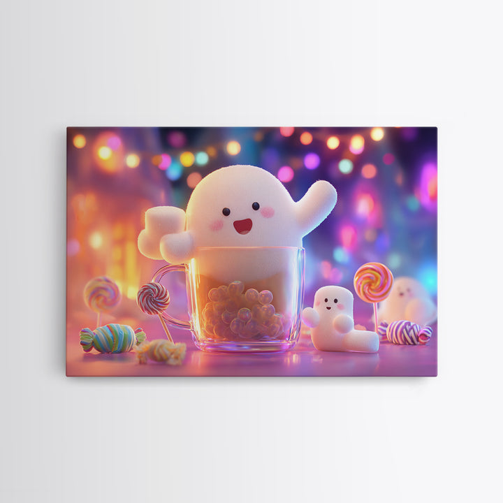 The Marshmallow Ghost Choir, Synthwave Halloween Art, Landscape Wall Art, Canvas Print, Retro Halloween Decor, Neon Wall Art
