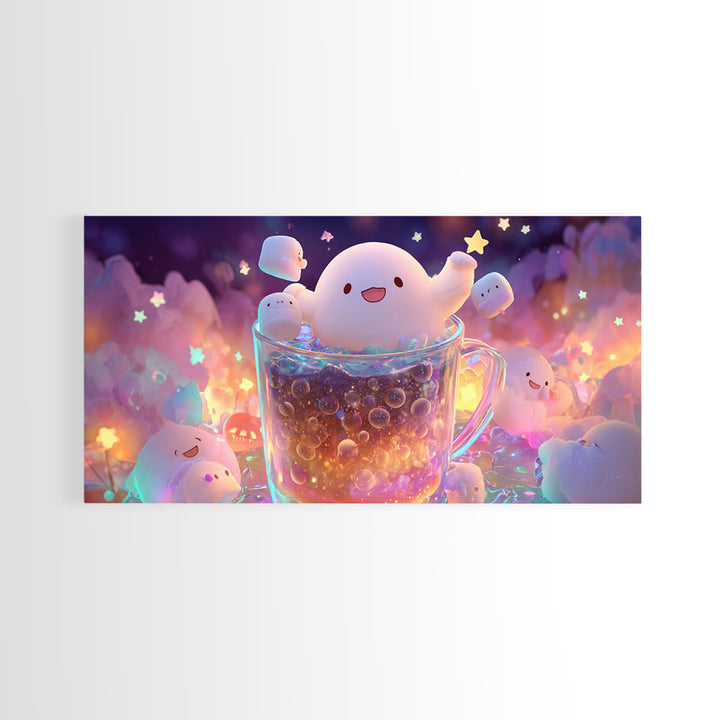 The Marshmallow Ghost Choir, 80s Halloween Wall Art, Wide Panoramic Art, Framed Canvas Print, Retro Halloween Decor, Neon Wall Art