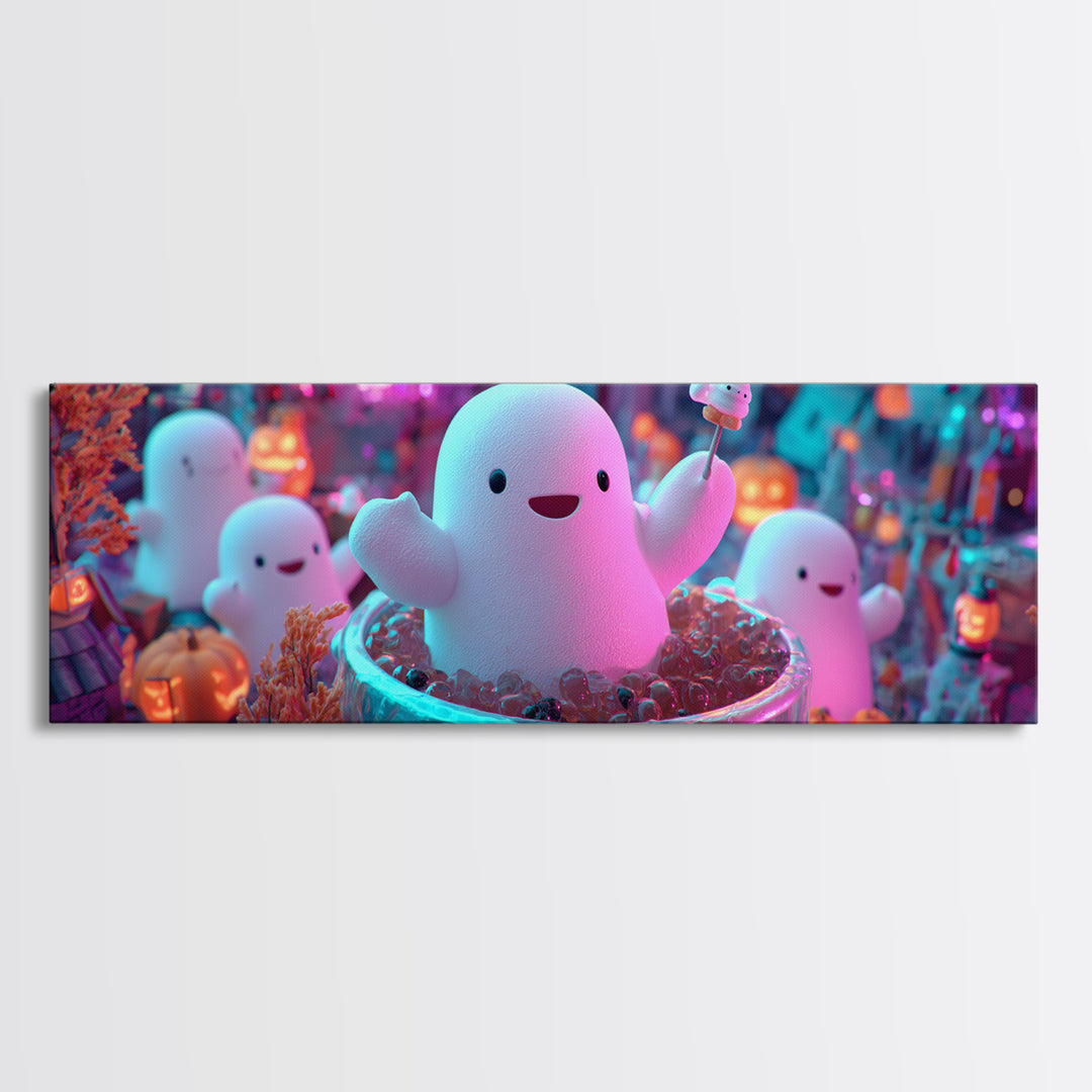 The Marshmallow Ghost Choir, Synthwave Halloween Art, Extra Wide Wall Art, Framed Canvas Print, Retro Halloween Decor, Neon Wall Art