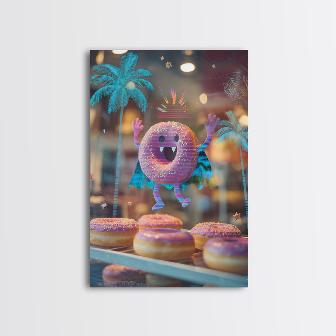 The Donut Vampire Family, Vaporwave Halloween Decor, Vertical Wall Art, Canvas Print, Retro Halloween Decor, Neon Wall Art, Macabre Wall Art