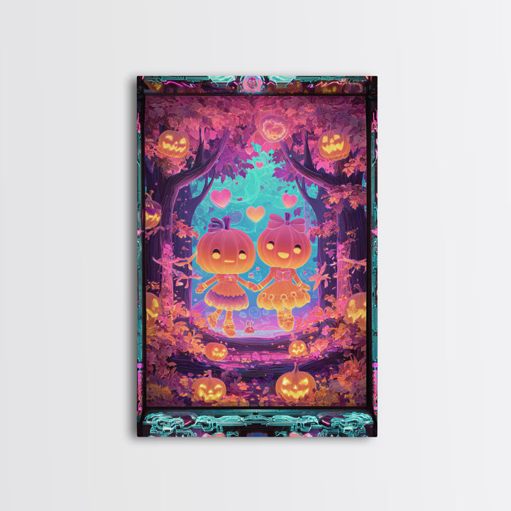 The Caramel Apple Friends, Synthwave Halloween Art, Vertical Wall Art, Framed Canvas Print, Retro Halloween Decor, Neon Wall Art