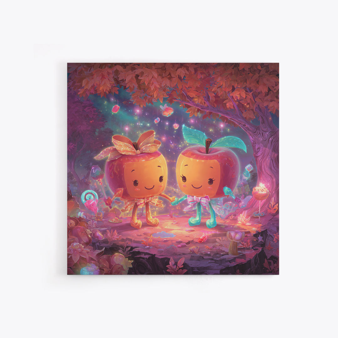 The Caramel Apple Friends, Cute Spooky Neon Art, Square Wall Art, Framed Canvas Print, Retro Halloween Decor, Neon Wall Art