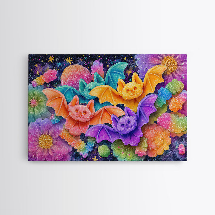 The Gummy Bat Garden, 80s Halloween Wall Art, Landscape Wall Art, Framed Canvas Print, Retro Halloween Decor, Neon Wall Art