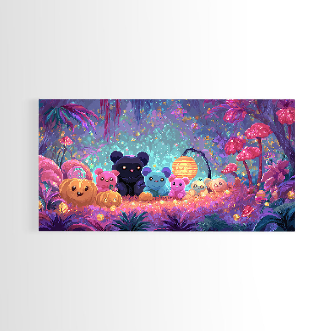 The Gummy Bat Garden, 80s Halloween Wall Art, Wide Panoramic Art, Framed Canvas Print, Retro Halloween Decor, Neon Wall Art