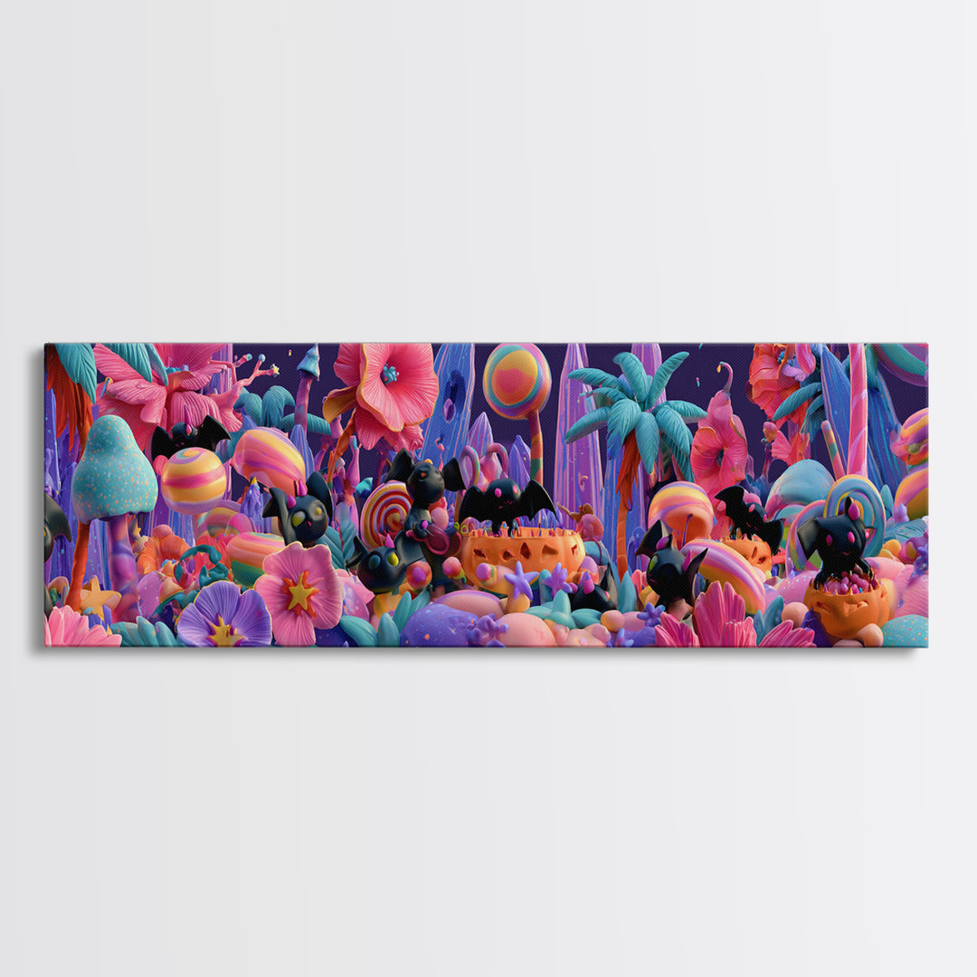 The Gummy Bat Garden, Cute Spooky Neon Art, Extra Wide Wall Art, Canvas Print, Retro Halloween Decor, Neon Wall Art, Horror Wall Art