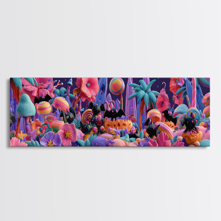 The Gummy Bat Garden, Cute Spooky Neon Art, Extra Wide Wall Art, Canvas Print, Retro Halloween Decor, Neon Wall Art, Horror Wall Art
