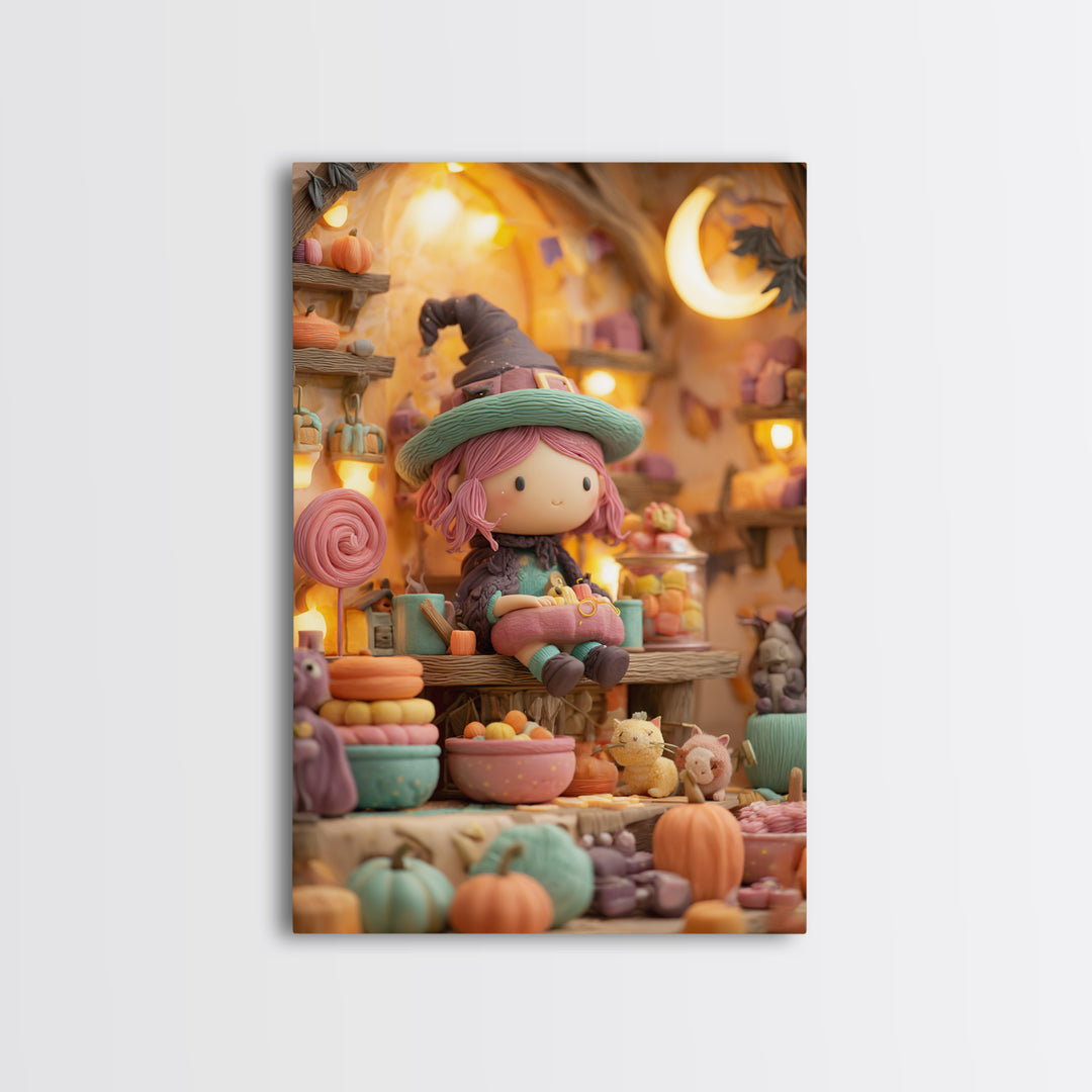 The Candy Witch'S Kitchen, Cute Spooky Neon Art, Vertical Wall Art, Framed Canvas Print, Retro Halloween Decor, Neon Wall Art