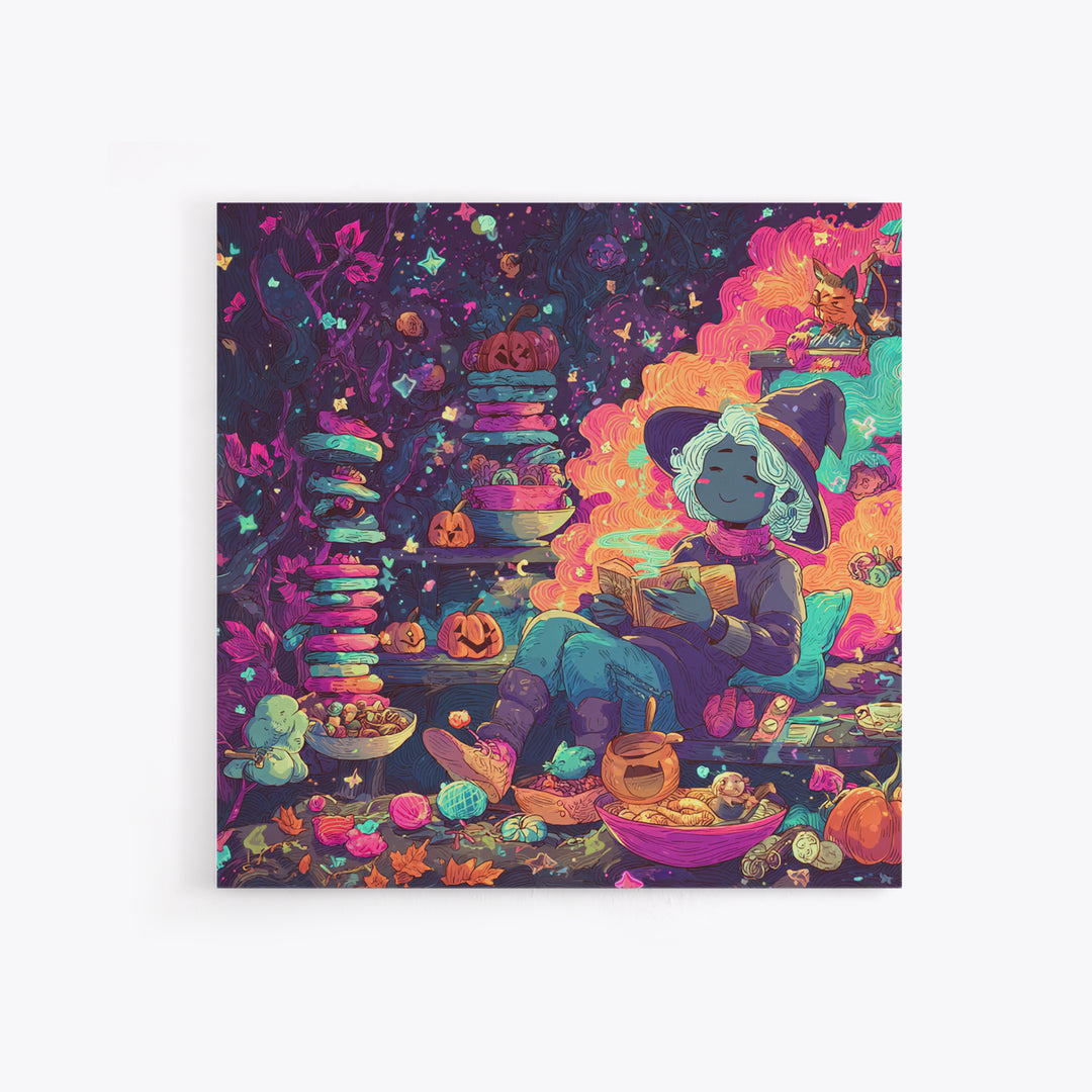 The Candy Witch'S Kitchen, Retro Neon Halloween Art, Square Wall Art, Canvas Print, Retro Halloween Decor, Neon Wall Art, Macabre Wall Art
