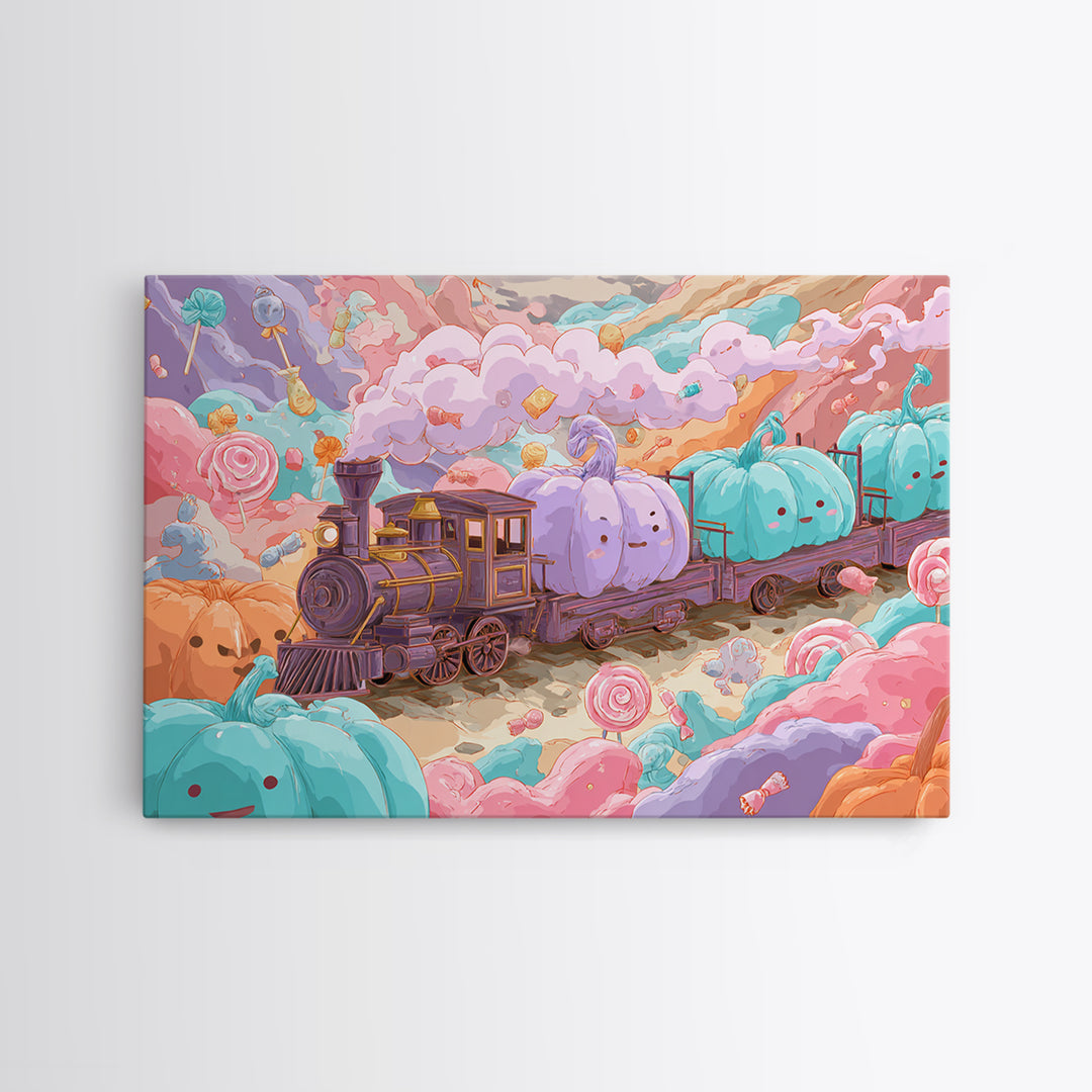 The Chocolate Pumpkin Train, 80s Halloween Wall Art, Landscape Wall Art, Framed Canvas Print, Retro Halloween Decor, Neon Wall Art