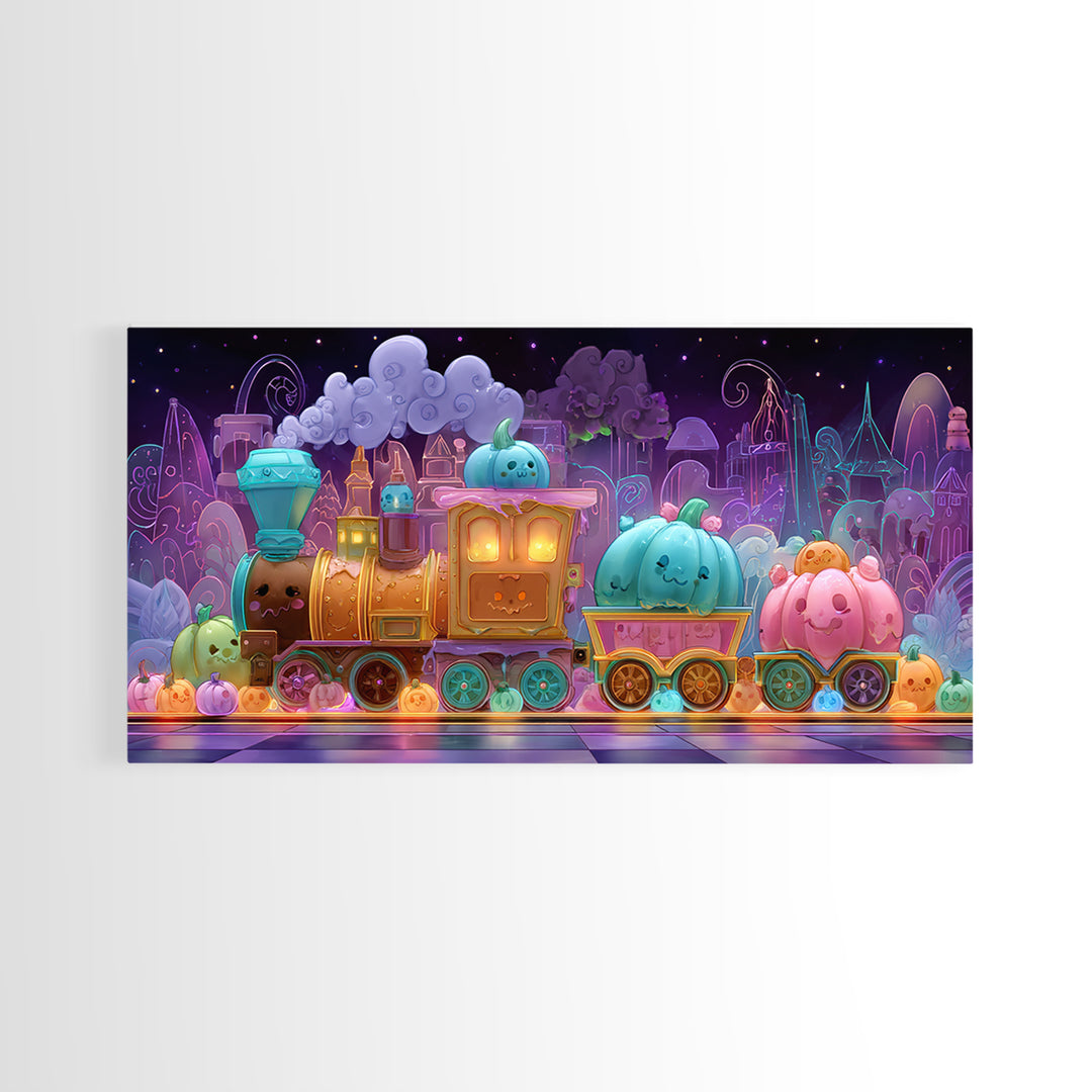 The Chocolate Pumpkin Train, 80s Halloween Wall Art, Wide Panoramic Art, Canvas Print, Retro Halloween Decor, Neon Wall Art