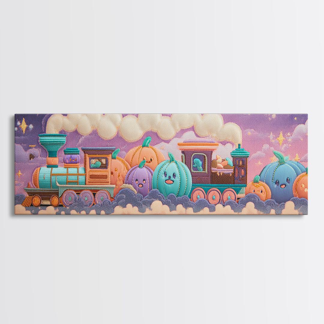 The Chocolate Pumpkin Train, 80s Halloween Wall Art, Extra Wide Wall Art, Framed Canvas Print, Retro Halloween Decor, Neon Wall Art