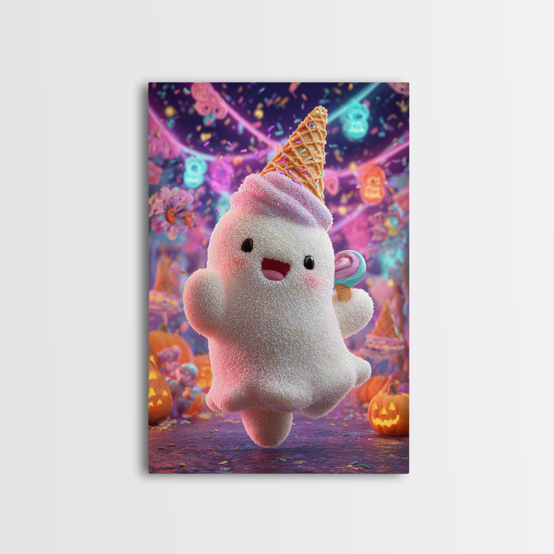 The Ice-Cream Ghost Parade, 80s Halloween Wall Art, Vertical Wall Art, Canvas Print, Retro Halloween Decor, Neon Wall Art, Dark Fantasy Art