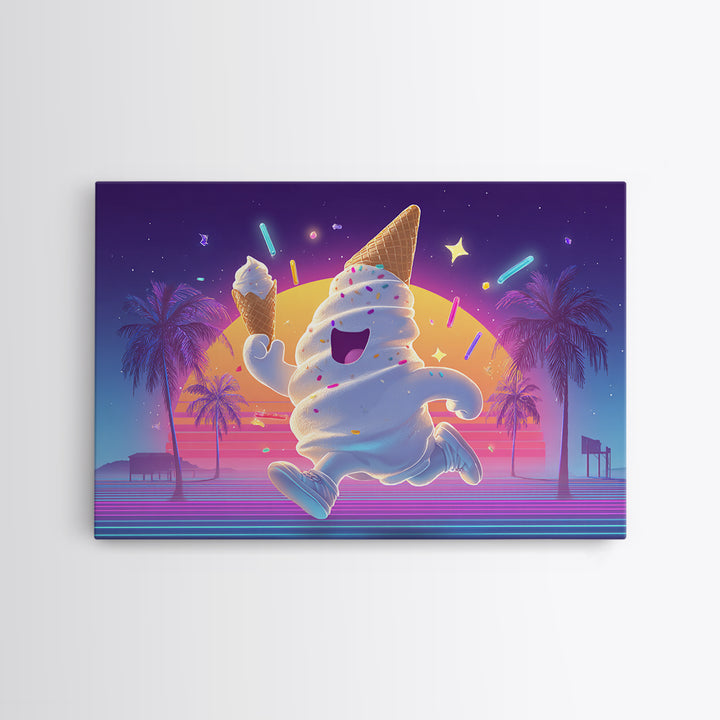The Ice-Cream Ghost Parade, Cute Spooky Neon Art, Landscape Wall Art, Canvas Print, Retro Halloween Decor, Neon Wall Art, Spooky Wall Decor