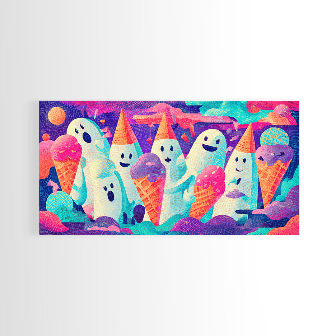 The Ice-Cream Ghost Parade, Vaporwave Halloween Decor, Wide Panoramic Art, Framed Canvas Print, Retro Halloween Decor, Neon Wall Art