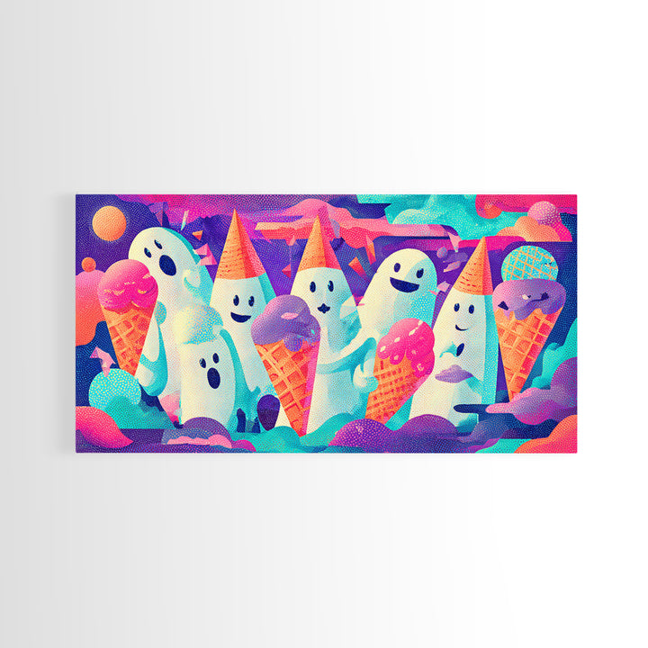 The Ice-Cream Ghost Parade, Vaporwave Halloween Decor, Wide Panoramic Art, Framed Canvas Print, Retro Halloween Decor, Neon Wall Art