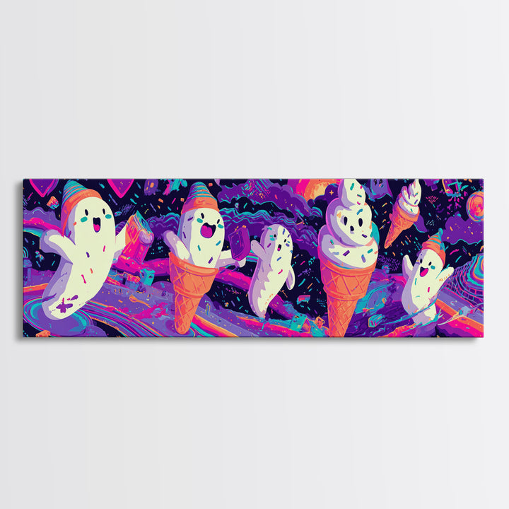 The Ice-Cream Ghost Parade, Retro Neon Halloween Art, Extra Wide Wall Art, Framed Canvas Print, Retro Halloween Decor, Neon Wall Art