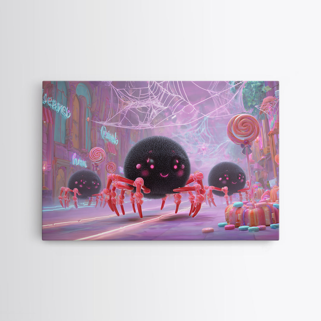 The Licorice Spider Family, Vaporwave Halloween Decor, Landscape Wall Art, Canvas Print, Retro Halloween Decor, Neon Wall Art