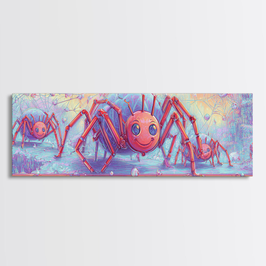 The Licorice Spider Family, Cute Spooky Neon Art, Extra Wide Wall Art, Framed Canvas Print, Retro Halloween Decor, Neon Wall Art