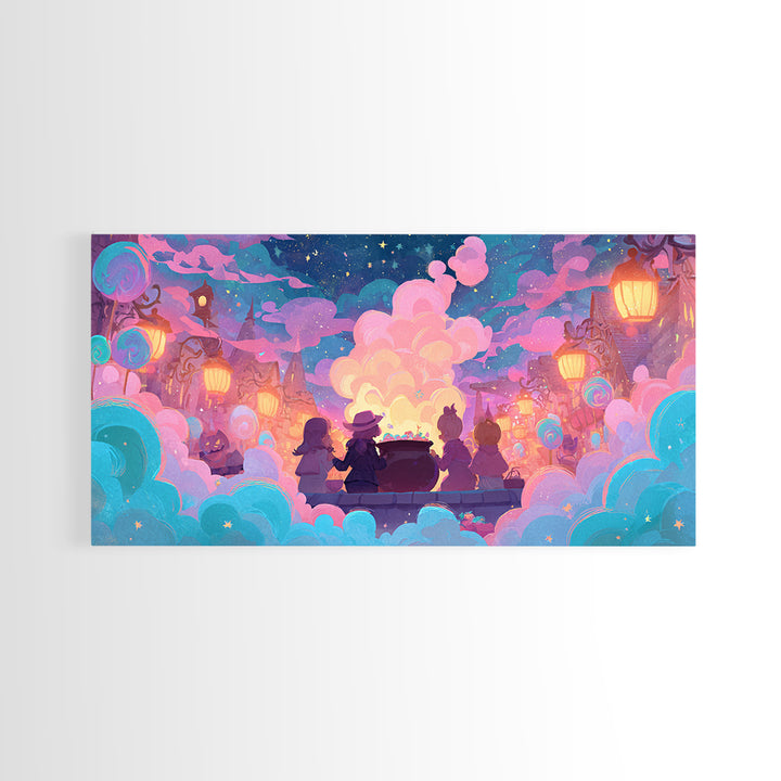 The Cotton-Candy Cauldron, Retro Neon Halloween Art, Wide Panoramic Art, Canvas Print, Retro Halloween Decor, Neon Wall Art