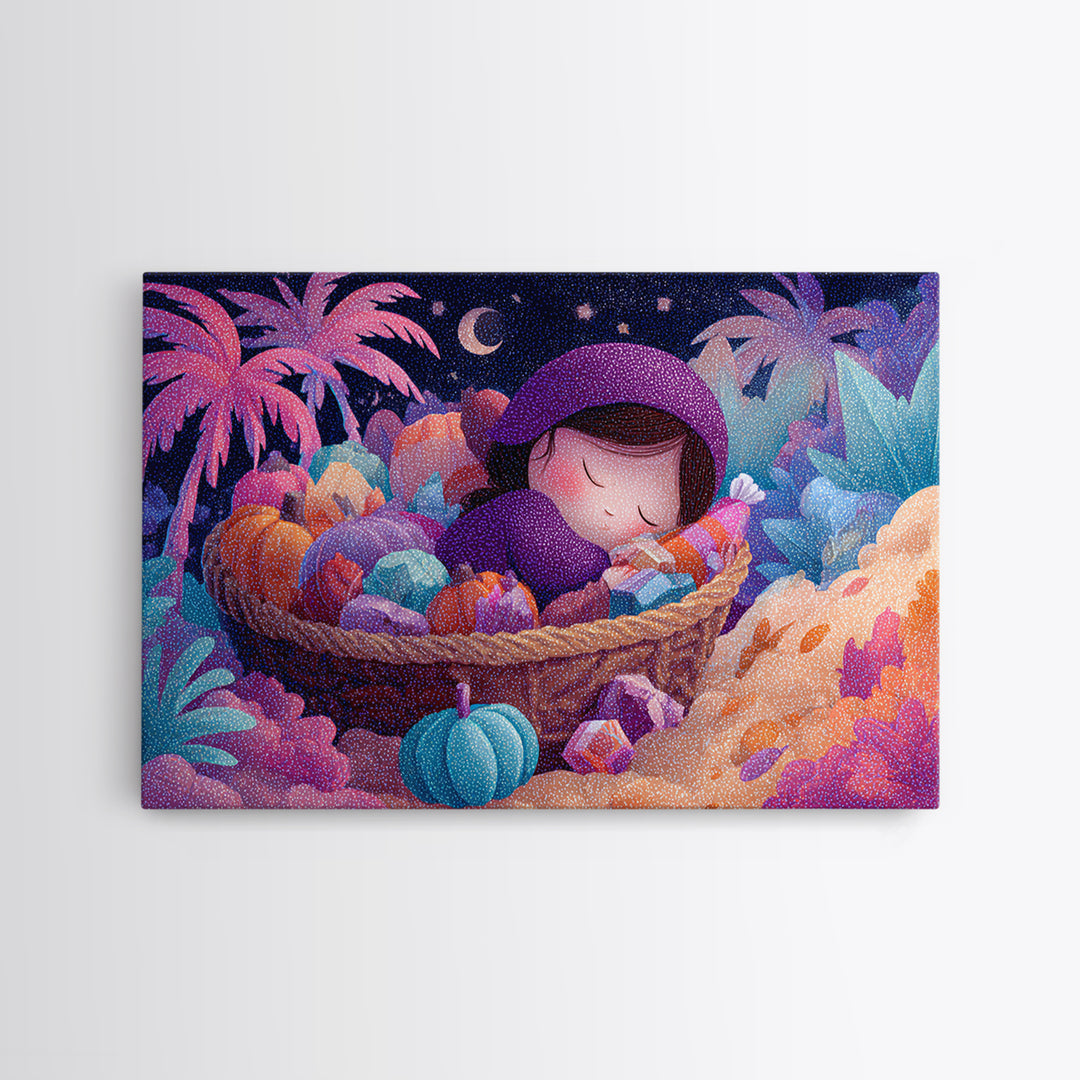 The Candy Basket Sleepover, Cute Spooky Neon Art, Landscape Wall Art, Canvas Print, Retro Halloween Decor, Neon Wall Art, Macabre Wall Art