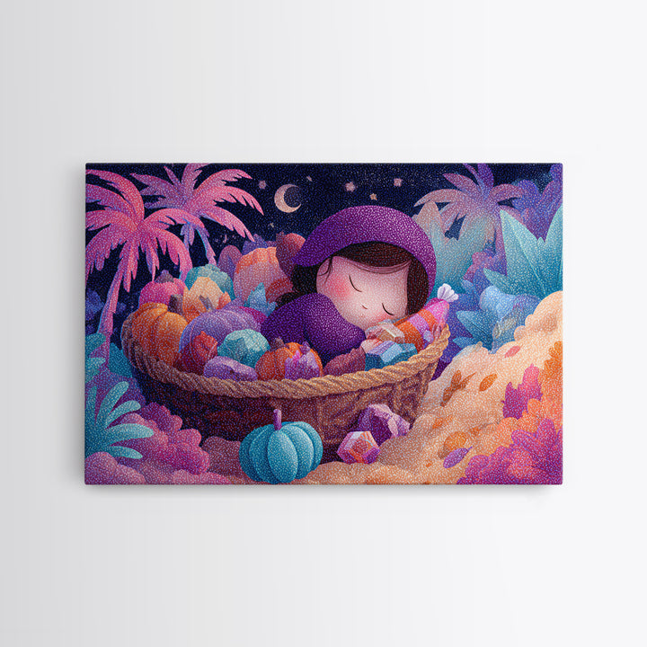 The Candy Basket Sleepover, Cute Spooky Neon Art, Landscape Wall Art, Canvas Print, Retro Halloween Decor, Neon Wall Art, Macabre Wall Art