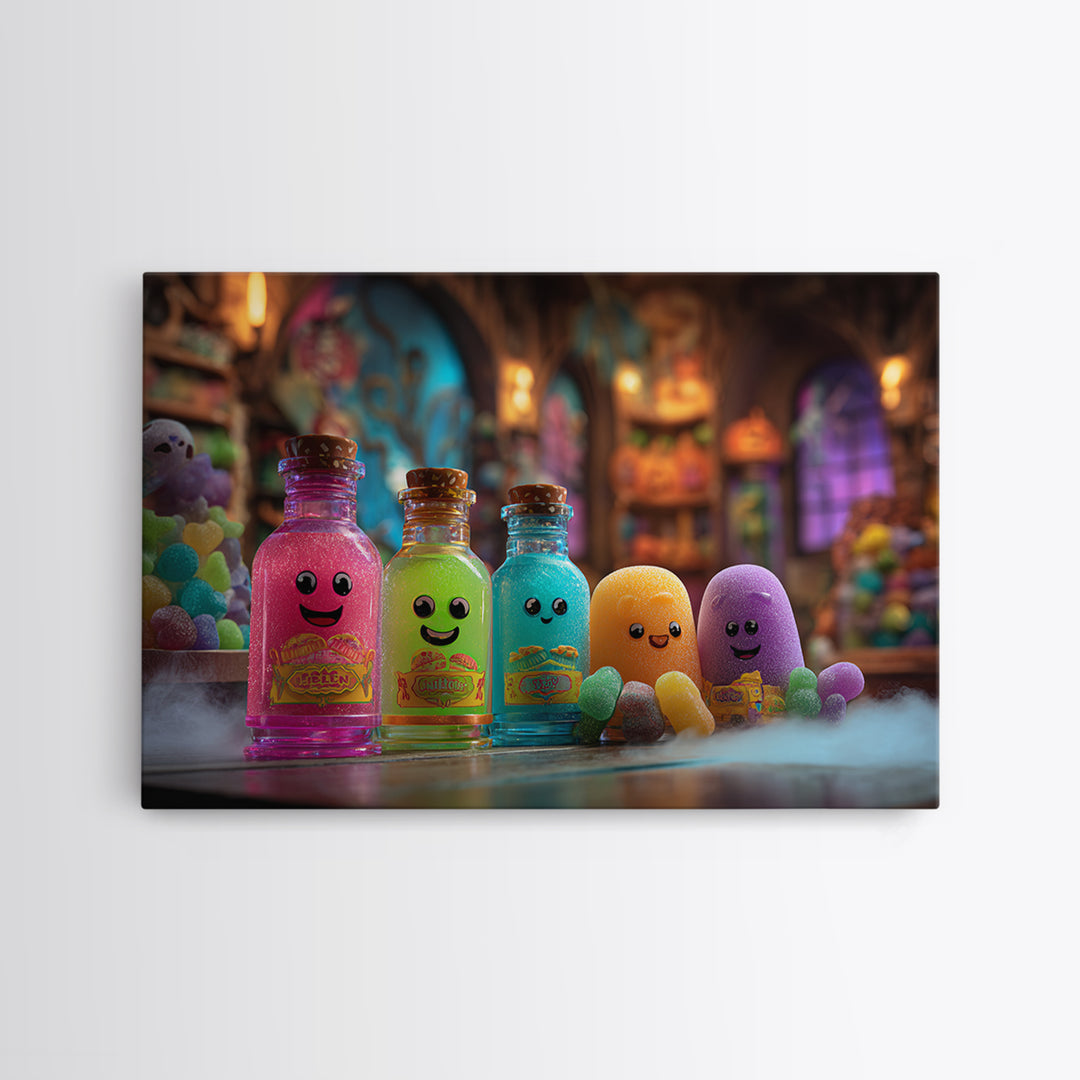 The Jellybean Potion Shop, Retro Neon Halloween Art, Landscape Wall Art, Canvas Print, Retro Halloween Decor, Neon Wall Art