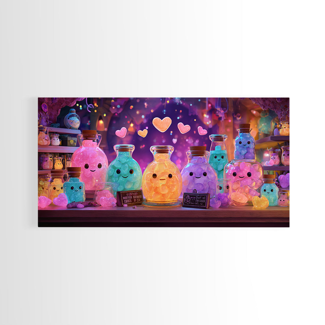 The Jellybean Potion Shop, Cute Spooky Neon Art, Wide Panoramic Art, Canvas Print, Retro Halloween Decor, Neon Wall Art, Statement Wall Art