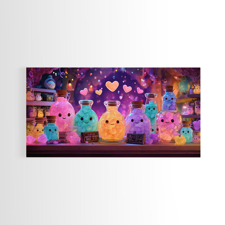 The Jellybean Potion Shop, Cute Spooky Neon Art, Wide Panoramic Art, Canvas Print, Retro Halloween Decor, Neon Wall Art, Statement Wall Art