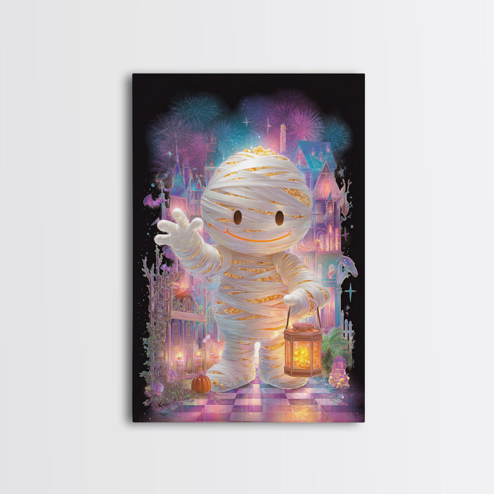 The Popcorn Mummy, Cute Spooky Neon Art, Vertical Wall Art, Framed Canvas Print, Retro Halloween Decor, Neon Wall Art, Spooky Wall Decor