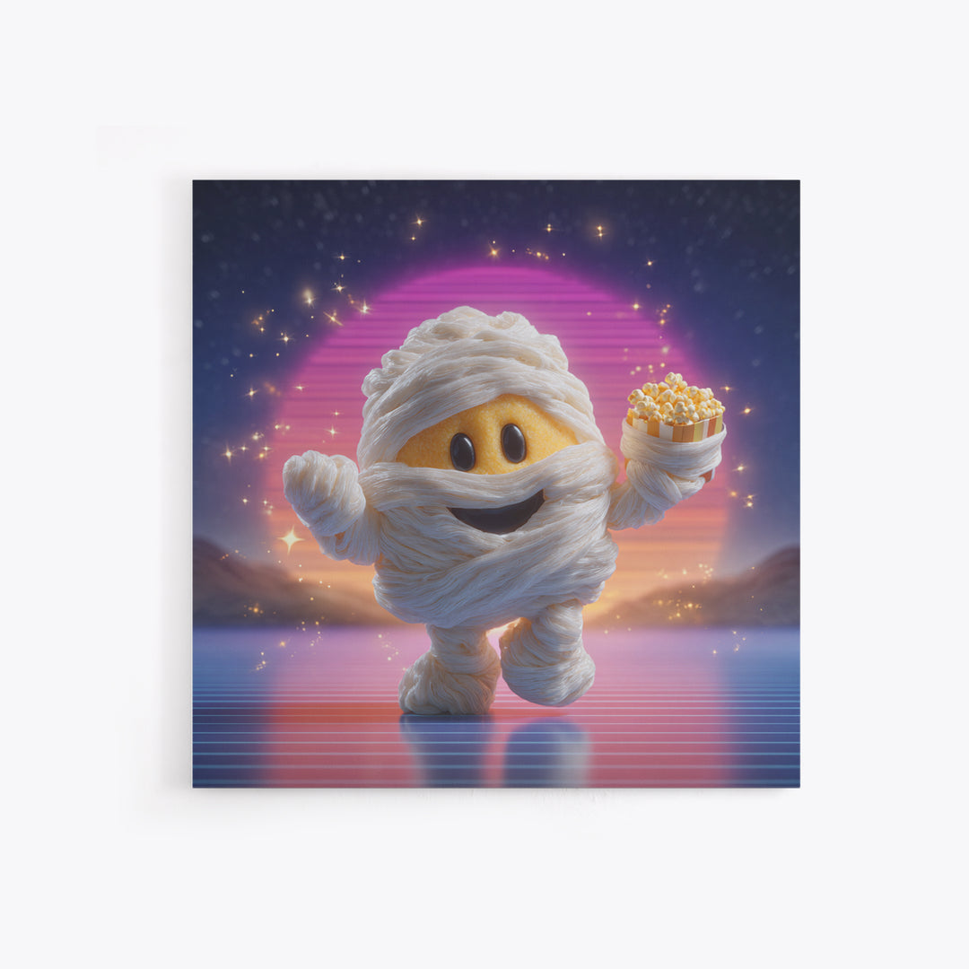 The Popcorn Mummy, 80s Halloween Wall Art, Square Wall Art, Canvas Print, Retro Halloween Decor, Neon Wall Art, Macabre Wall Art