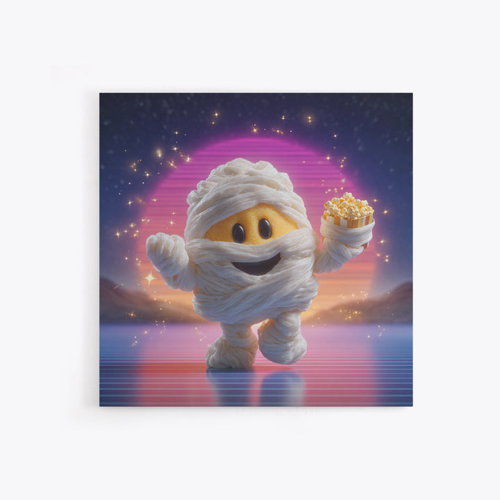 The Popcorn Mummy, 80s Halloween Wall Art, Square Wall Art, Canvas Print, Retro Halloween Decor, Neon Wall Art, Macabre Wall Art