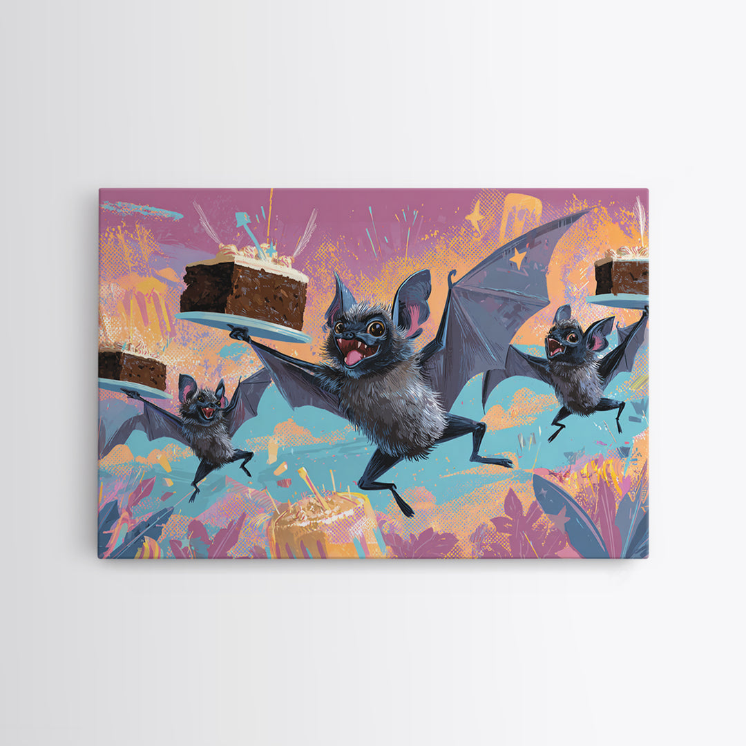 The Brownie Bat Bakery, Synthwave Halloween Art, Landscape Wall Art, Canvas Print, Retro Halloween Decor, Neon Wall Art