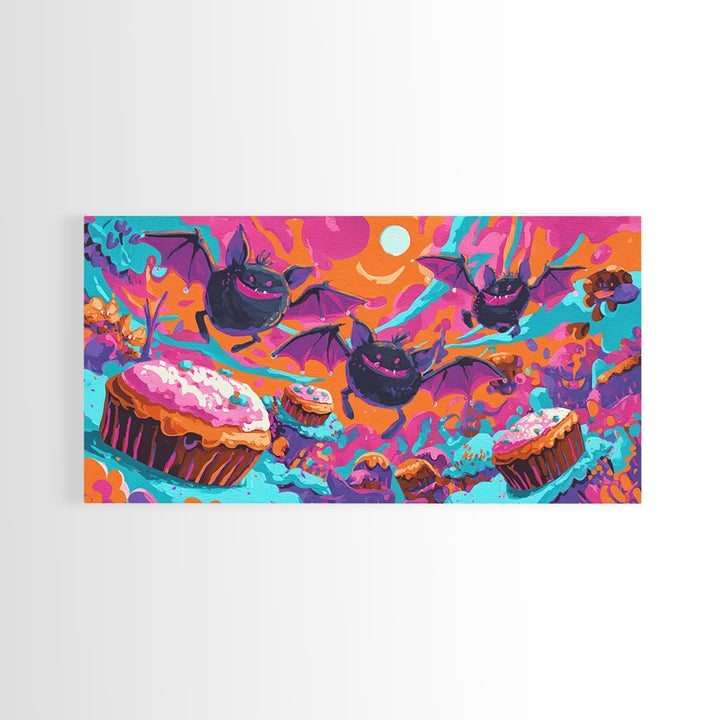 The Brownie Bat Bakery, Cute Spooky Neon Art, Wide Panoramic Art, Framed Canvas Print, Retro Halloween Decor, Neon Wall Art