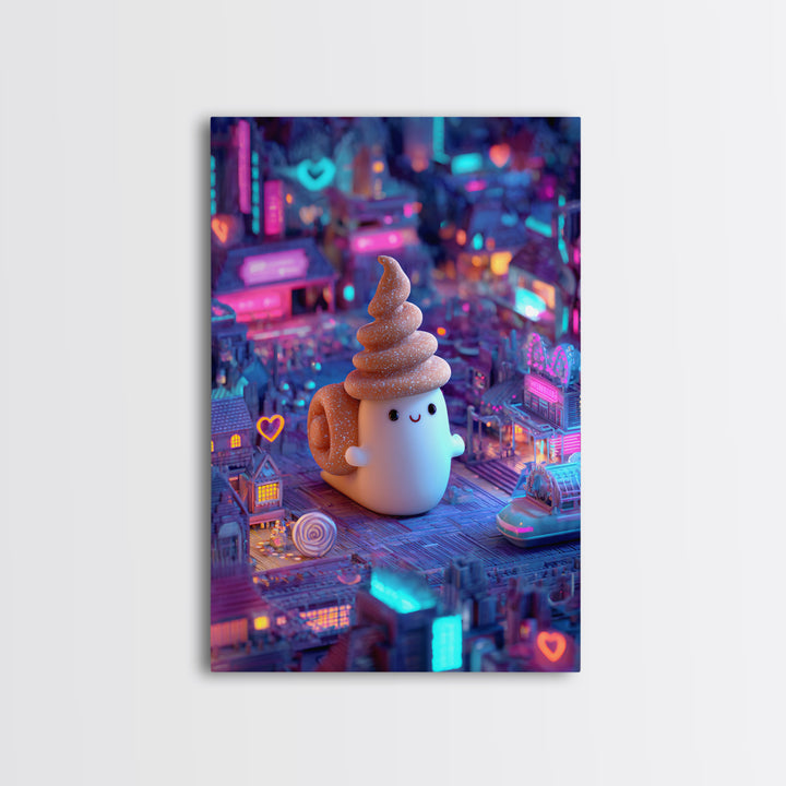 The Cinnamon-Roll Snail Witch, Retro Neon Halloween Art, Vertical Wall Art, Framed Canvas Print, Retro Halloween Decor, Neon Wall Art
