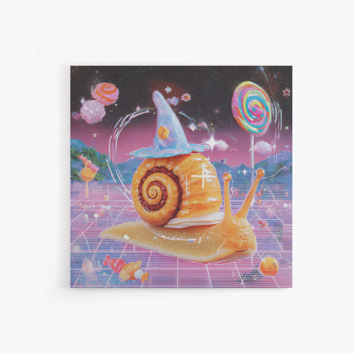 The Cinnamon-Roll Snail Witch, Cute Spooky Neon Art, Square Wall Art, Canvas Print, Retro Halloween Decor, Neon Wall Art