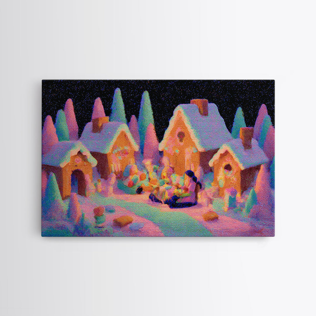 The Halloween Gingerbread Village, 80s Halloween Wall Art, Landscape Wall Art, Framed Canvas Print, Retro Halloween Decor, Neon Wall Art