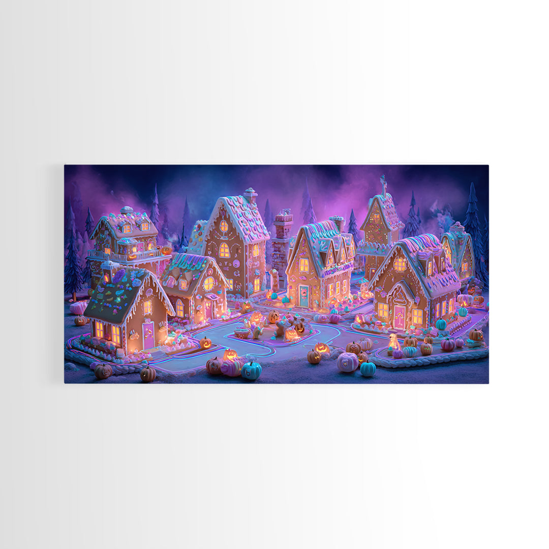 The Halloween Gingerbread Village, Retro Neon Halloween Art, Wide Panoramic Art, Framed Canvas Print, Retro Halloween Decor, Neon Wall Art