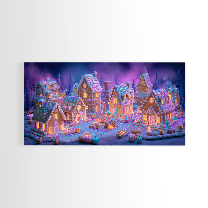 The Halloween Gingerbread Village, Retro Neon Halloween Art, Wide Panoramic Art, Framed Canvas Print, Retro Halloween Decor, Neon Wall Art