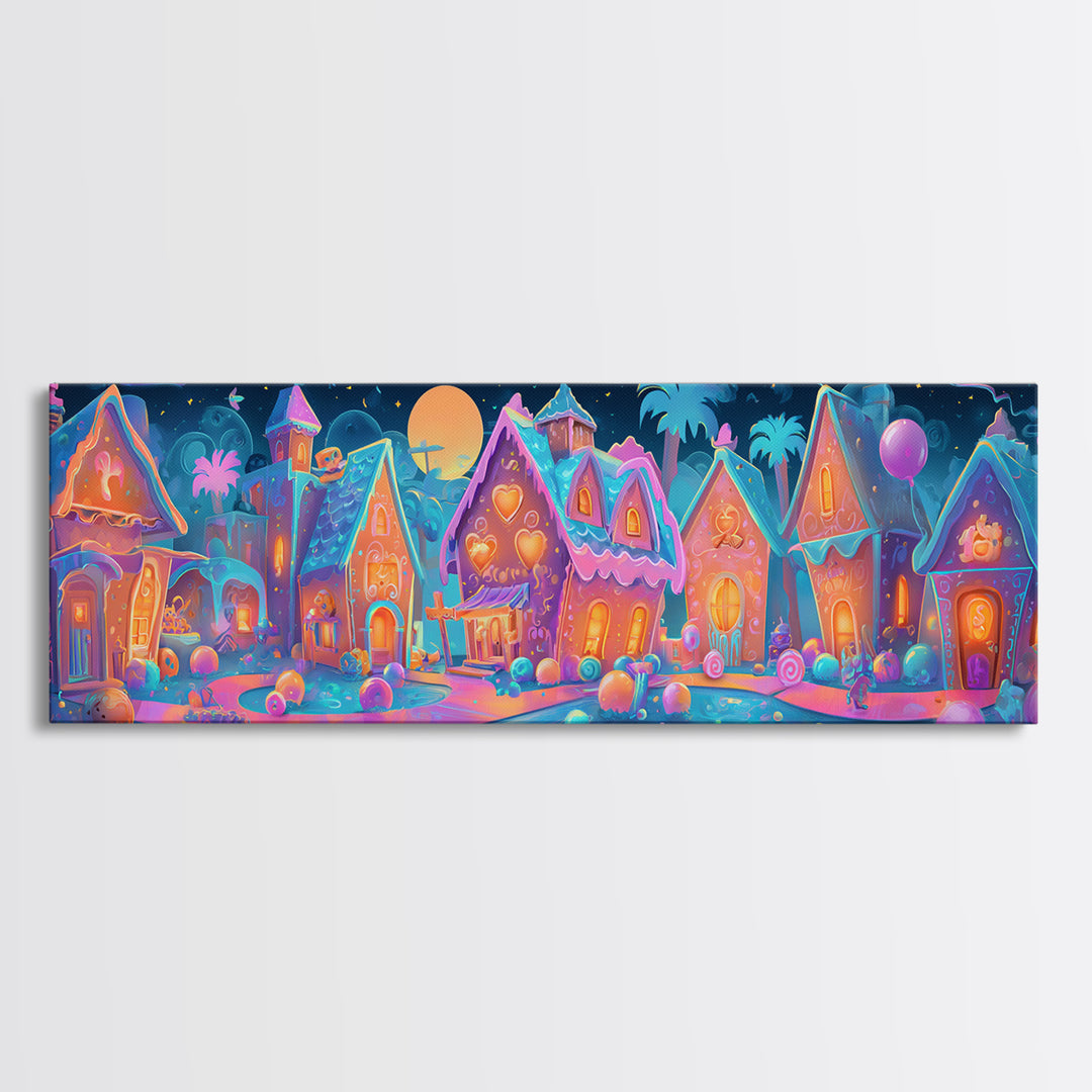 The Halloween Gingerbread Village, Retro Neon Halloween Art, Extra Wide Wall Art, Framed Canvas Print, Retro Halloween Decor, Neon Wall Art