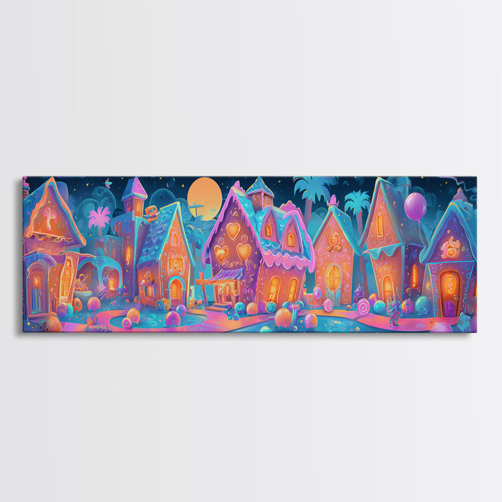 The Halloween Gingerbread Village, Retro Neon Halloween Art, Extra Wide Wall Art, Framed Canvas Print, Retro Halloween Decor, Neon Wall Art