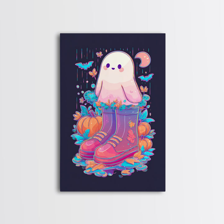 The Ghost In Rain Boots, Synthwave Halloween Art, Vertical Wall Art, Canvas Print, Retro Halloween Decor, Neon Wall Art