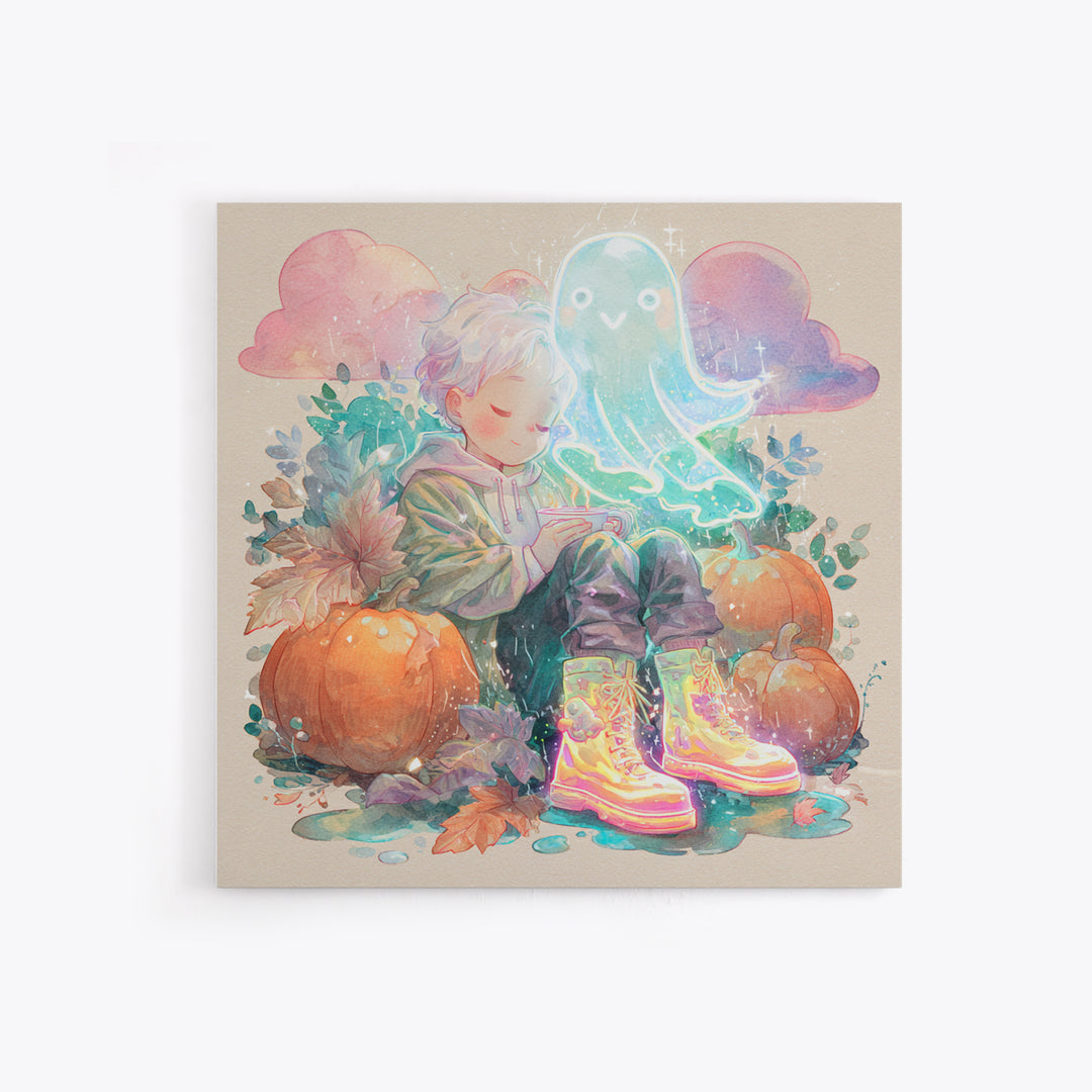 The Ghost In Rain Boots, Cute Spooky Neon Art, Square Wall Art, Framed Canvas Print, Retro Halloween Decor, Neon Wall Art