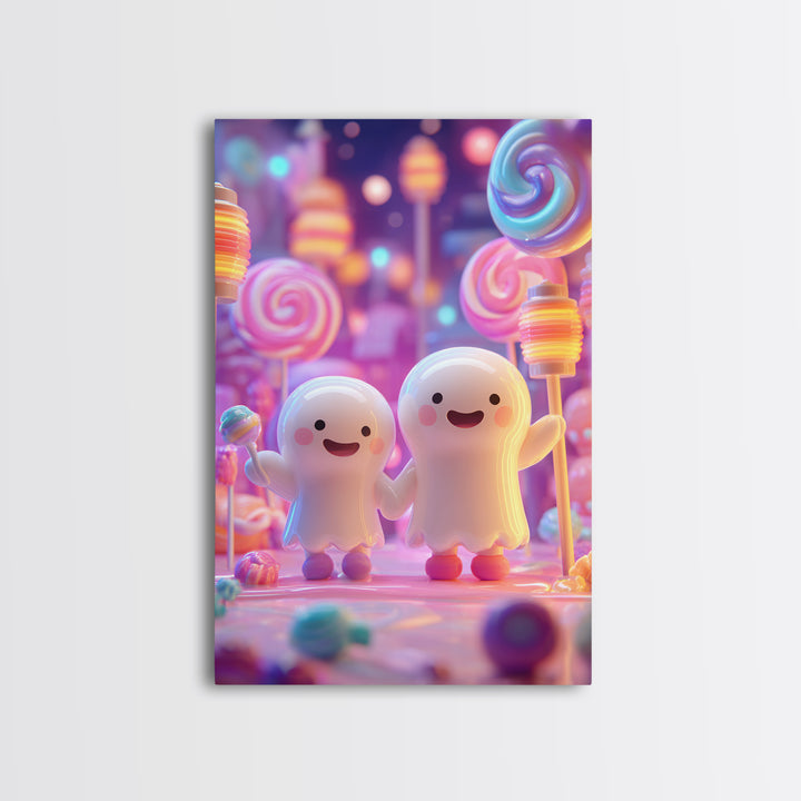 The Ghost Balloon Friend, Cute Spooky Neon Art, Vertical Wall Art, Framed Canvas Print, Retro Halloween Decor, Neon Wall Art