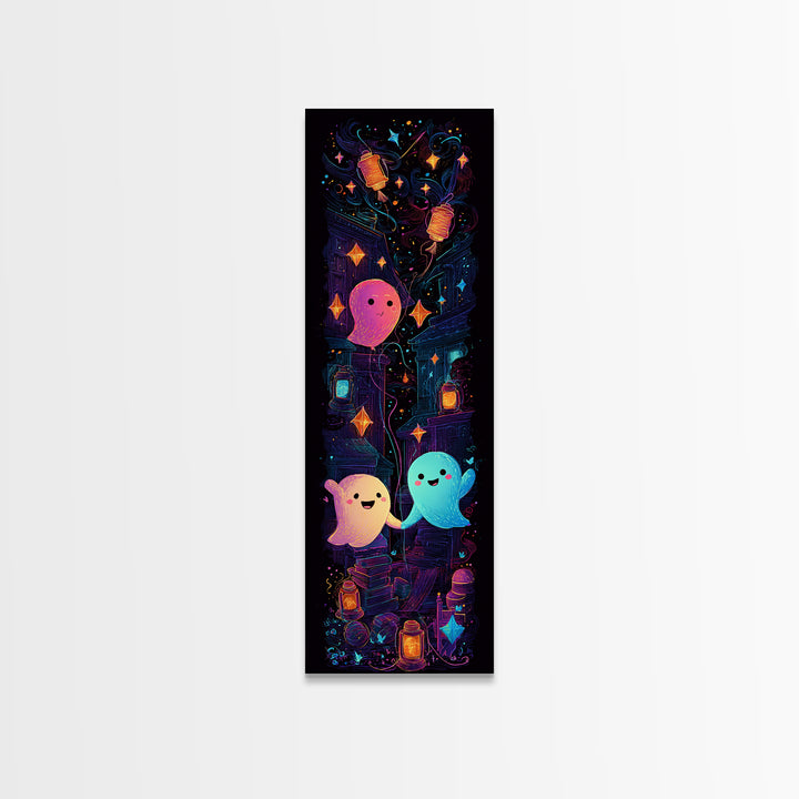 The Ghost Balloon Friend, 80s Halloween Wall Art, Tall Narrow Wall Art, Canvas Print, Retro Halloween Decor, Neon Wall Art