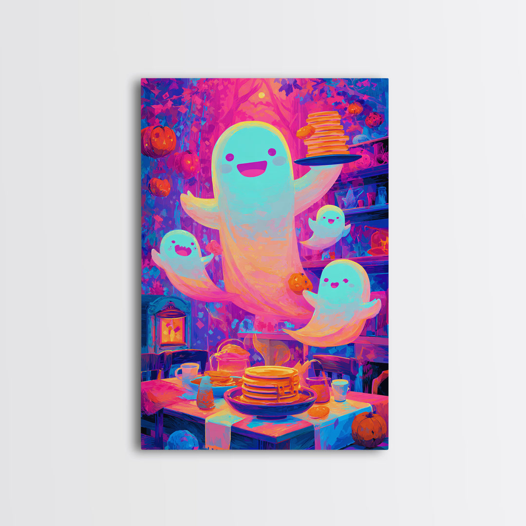 The Ghost Family Breakfast, Synthwave Halloween Art, Vertical Wall Art, Canvas Print, Retro Halloween Decor, Neon Wall Art