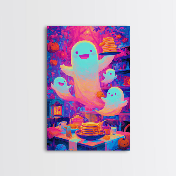 The Ghost Family Breakfast, Synthwave Halloween Art, Vertical Wall Art, Canvas Print, Retro Halloween Decor, Neon Wall Art