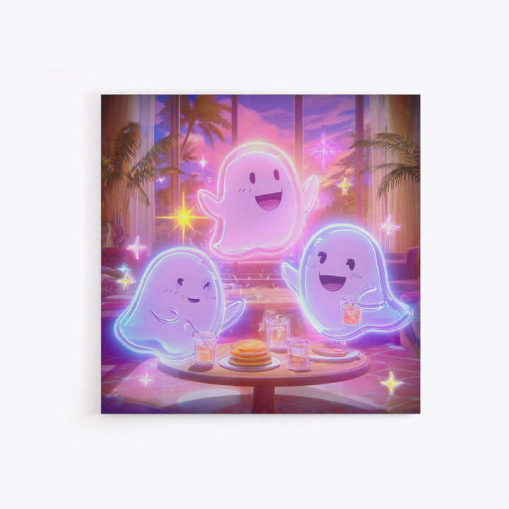The Ghost Family Breakfast, Retro Neon Halloween Art, Square Wall Art, Framed Canvas Print, Retro Halloween Decor, Neon Wall Art