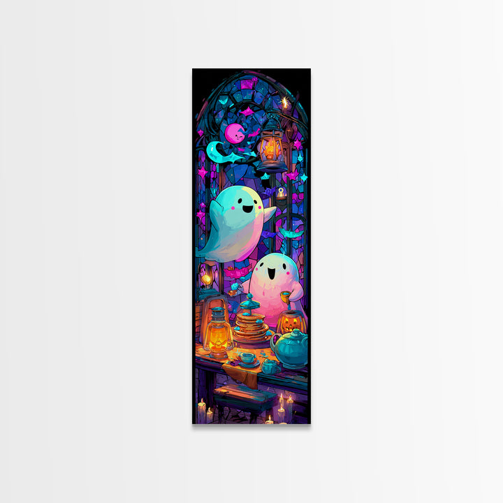 The Ghost Family Breakfast, Vaporwave Halloween Decor, Tall Narrow Wall Art, Canvas Print, Retro Halloween Decor, Neon Wall Art